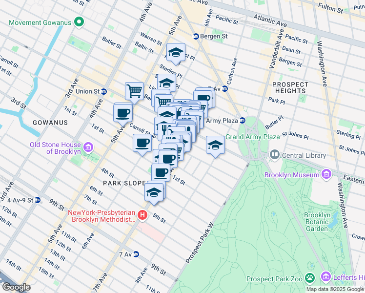 map of restaurants, bars, coffee shops, grocery stores, and more near 792 President Street in Brooklyn