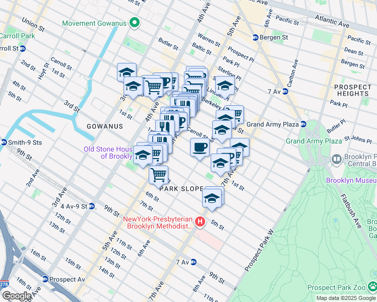 map of restaurants, bars, coffee shops, grocery stores, and more near 325 1st Street in Brooklyn