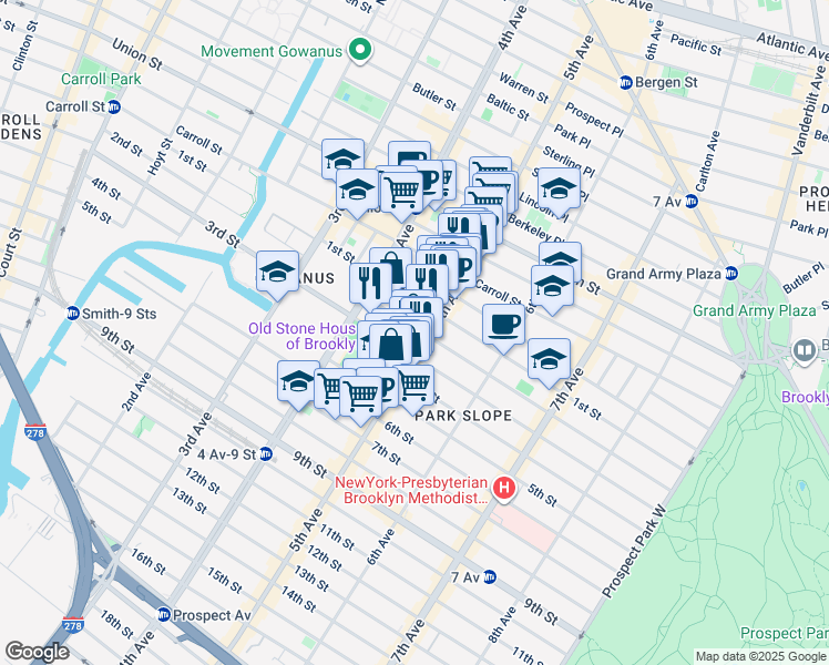 map of restaurants, bars, coffee shops, grocery stores, and more near 296 1st Street in Brooklyn