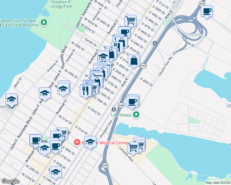 map of restaurants, bars, coffee shops, grocery stores, and more near 40 East 37th Street in Bayonne