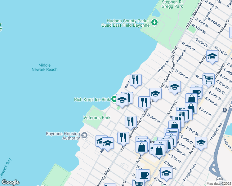 map of restaurants, bars, coffee shops, grocery stores, and more near 202 West 31st Street in Bayonne