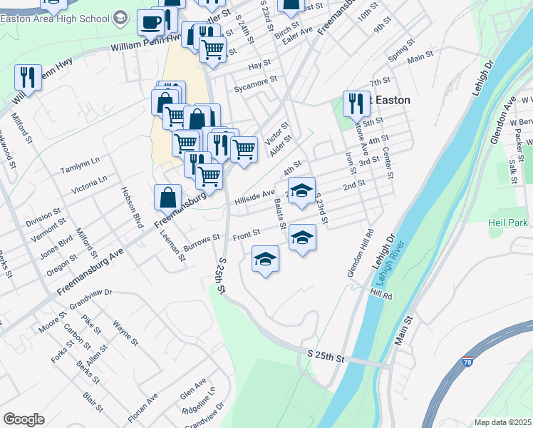 map of restaurants, bars, coffee shops, grocery stores, and more near 1175 Balata Street in Easton
