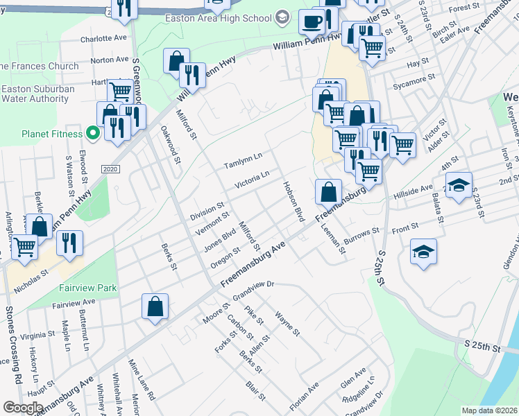 map of restaurants, bars, coffee shops, grocery stores, and more near 2716 Division Street in Easton