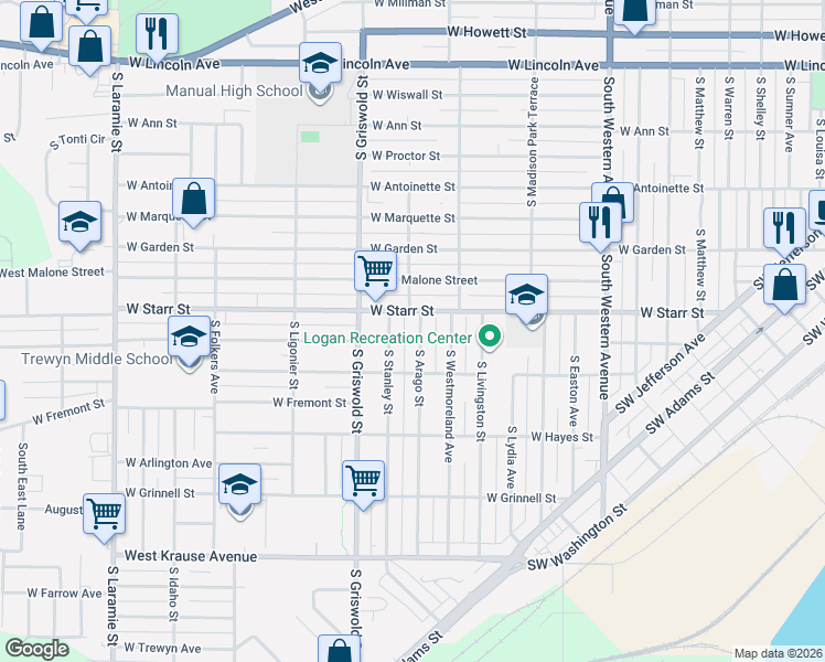map of restaurants, bars, coffee shops, grocery stores, and more near 2330 West Starr Street in Peoria