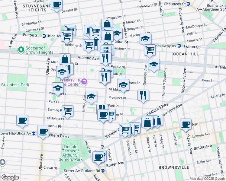 map of restaurants, bars, coffee shops, grocery stores, and more near 451 Ralph Avenue in Brooklyn
