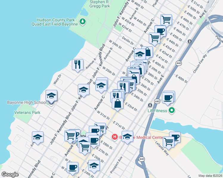 map of restaurants, bars, coffee shops, grocery stores, and more near in Bayonne