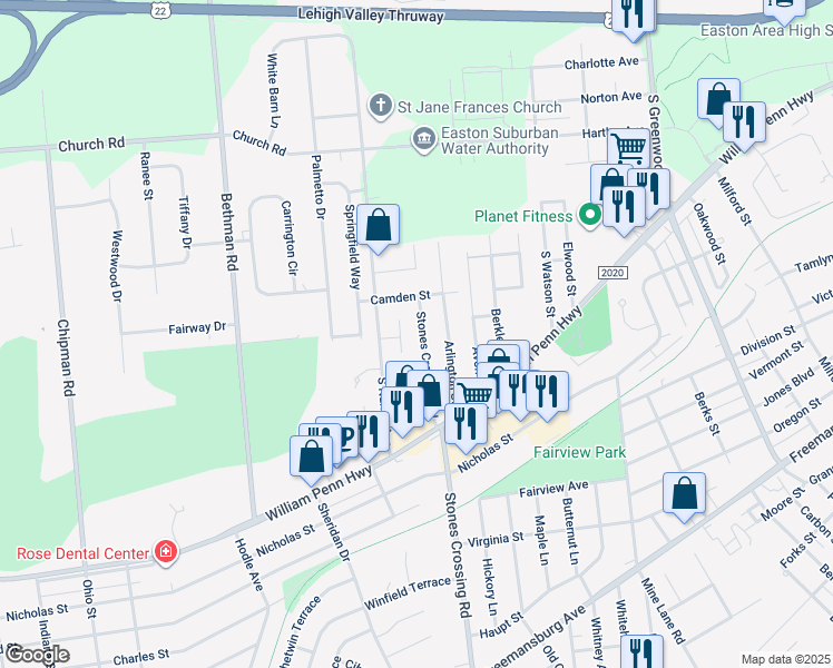 map of restaurants, bars, coffee shops, grocery stores, and more near 408 Stones Crossing Road in Easton