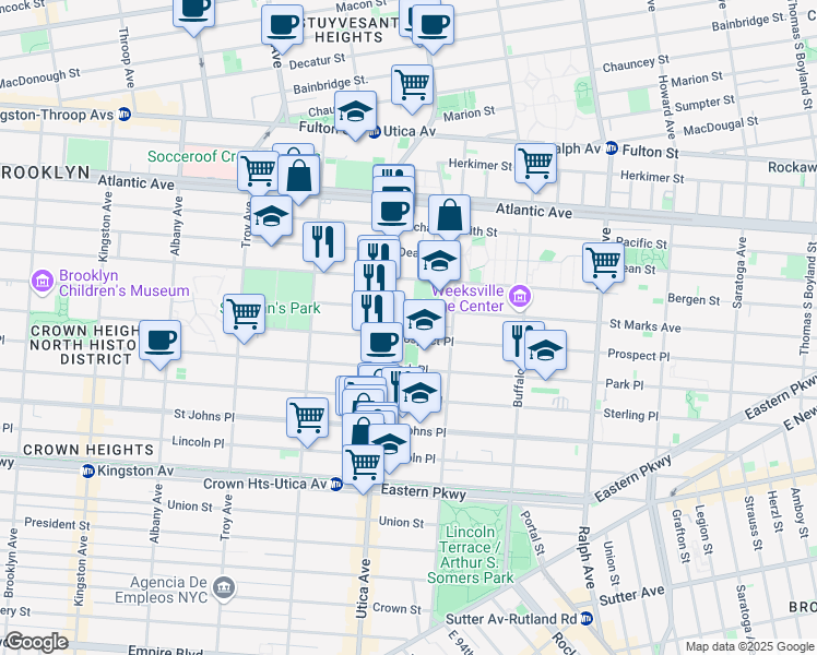 map of restaurants, bars, coffee shops, grocery stores, and more near 1417 Prospect Place in Brooklyn