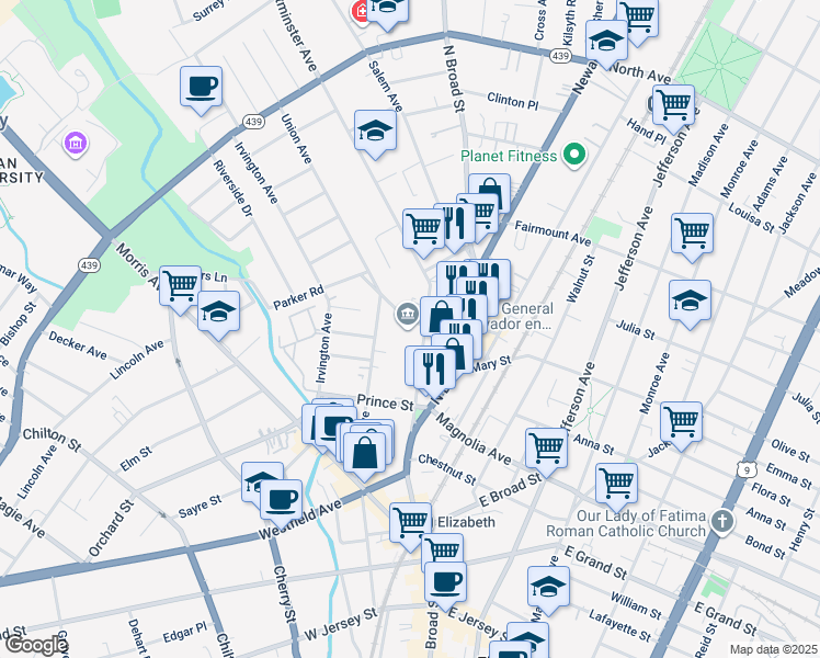 map of restaurants, bars, coffee shops, grocery stores, and more near 49 Parker Road in Elizabeth