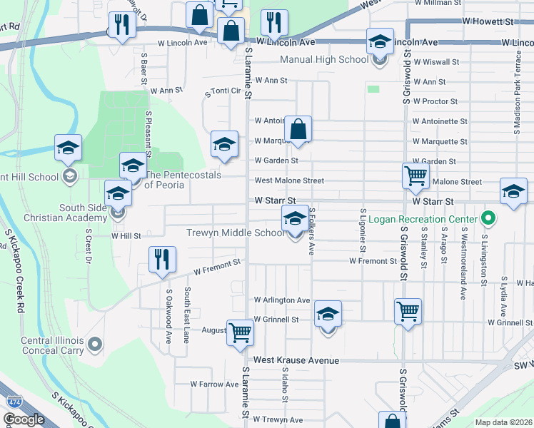 map of restaurants, bars, coffee shops, grocery stores, and more near 3028 West Starr Street in Peoria