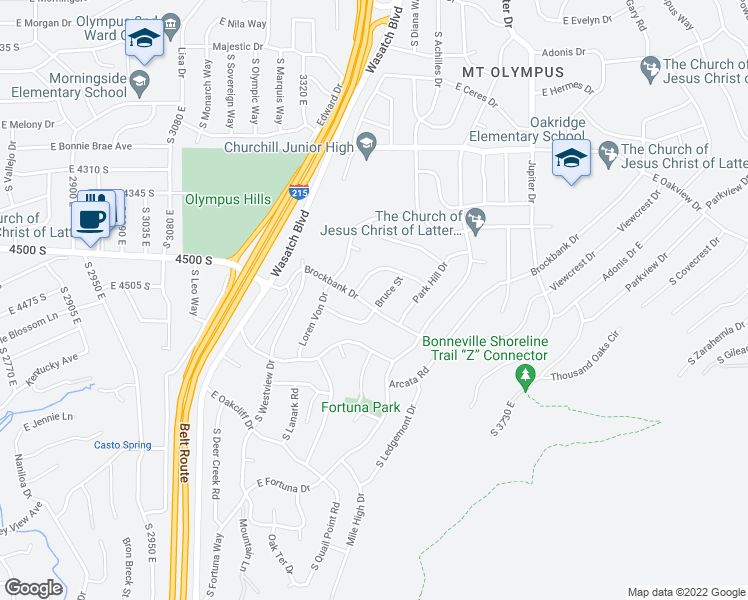 map of restaurants, bars, coffee shops, grocery stores, and more near 3441 Brockbank Drive in Salt Lake City