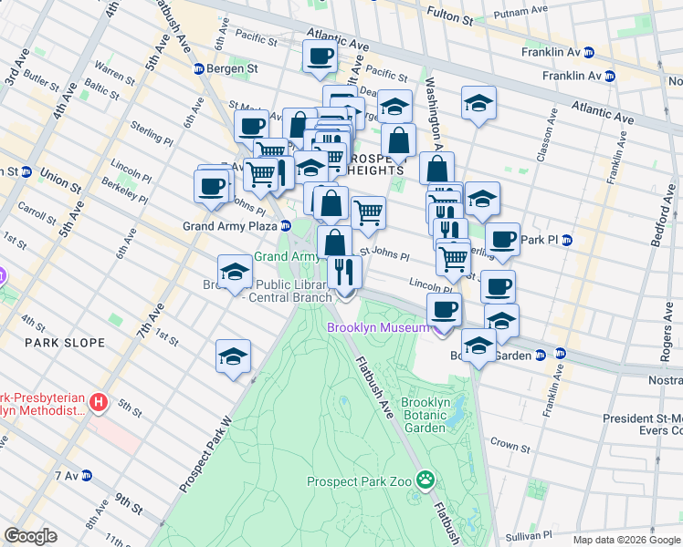 map of restaurants, bars, coffee shops, grocery stores, and more near 1 Grand Army Plaza in Brooklyn