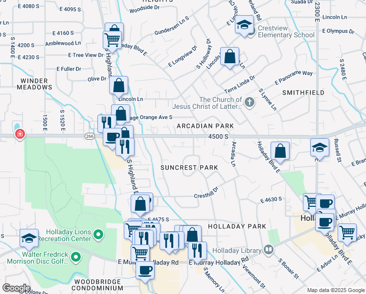 map of restaurants, bars, coffee shops, grocery stores, and more near 1917 East Holladay View Place in Holladay