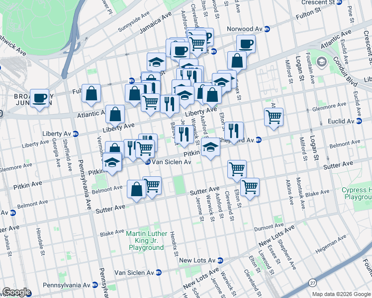 map of restaurants, bars, coffee shops, grocery stores, and more near 322 Jerome Street in Brooklyn