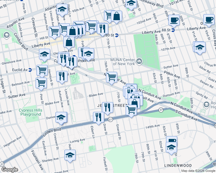 map of restaurants, bars, coffee shops, grocery stores, and more near 75-12 South Conduit Avenue in Queens