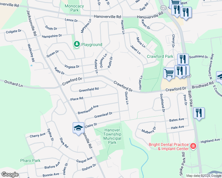 map of restaurants, bars, coffee shops, grocery stores, and more near 4309 Greenfield Road in Bethlehem