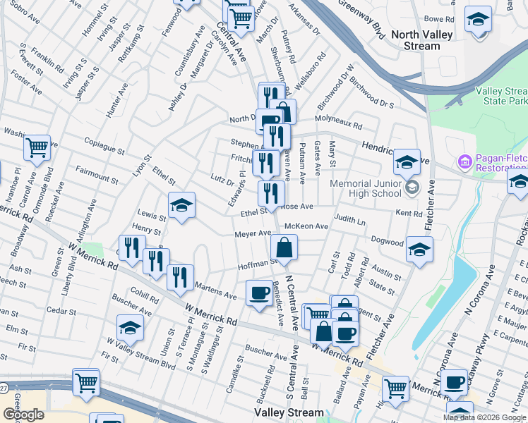 map of restaurants, bars, coffee shops, grocery stores, and more near 234 North Central Avenue in Valley Stream