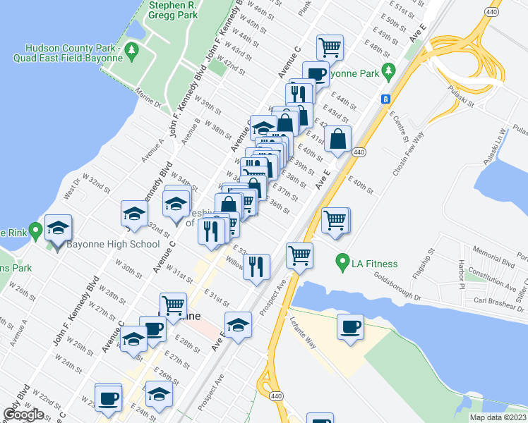 map of restaurants, bars, coffee shops, grocery stores, and more near 15 East 35th Street in Bayonne