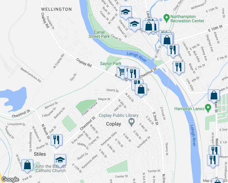 map of restaurants, bars, coffee shops, grocery stores, and more near 132 Cherry Street in Coplay