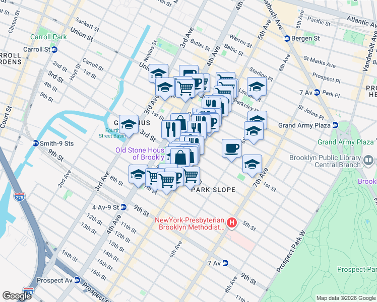 map of restaurants, bars, coffee shops, grocery stores, and more near 350 2nd Street in Brooklyn
