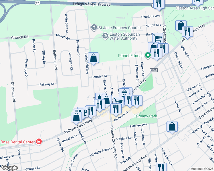 map of restaurants, bars, coffee shops, grocery stores, and more near 407 Stones Crossing Road in Easton