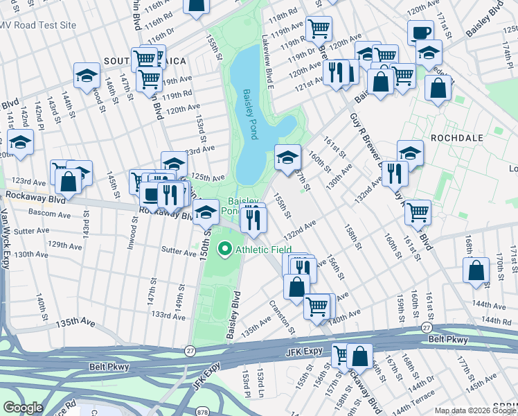 map of restaurants, bars, coffee shops, grocery stores, and more near 154-05 129th Avenue in Queens