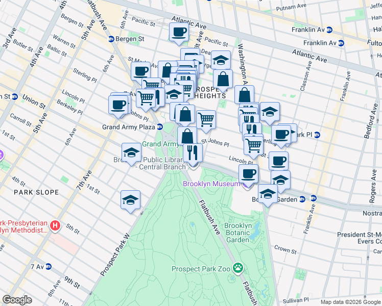 map of restaurants, bars, coffee shops, grocery stores, and more near 286 Saint Johns Place in Brooklyn