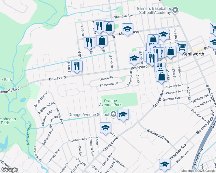 map of restaurants, bars, coffee shops, grocery stores, and more near 332 Roosevelt Lane in Kenilworth