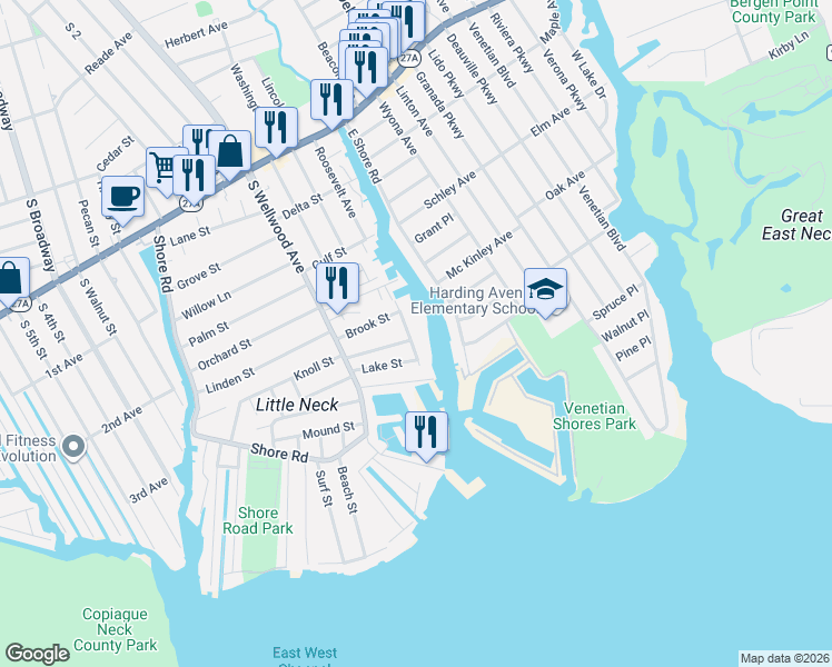 map of restaurants, bars, coffee shops, grocery stores, and more near 750 Shore Walk in Lindenhurst