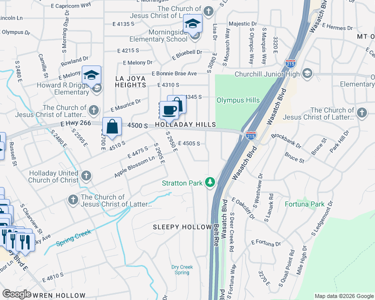 map of restaurants, bars, coffee shops, grocery stores, and more near 4518 South 2995 East in Holladay