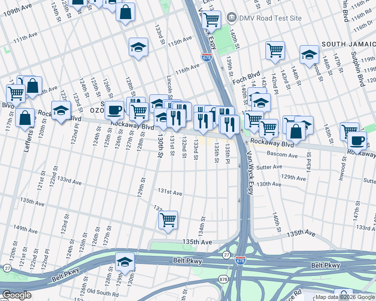 map of restaurants, bars, coffee shops, grocery stores, and more near 12023 132nd Street in Queens