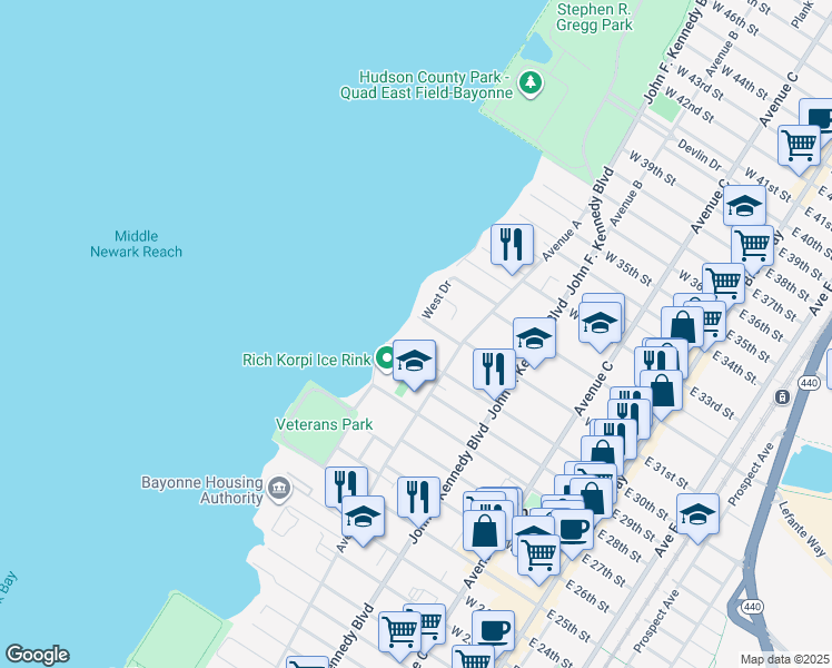 map of restaurants, bars, coffee shops, grocery stores, and more near 183 West 31st Street in Bayonne