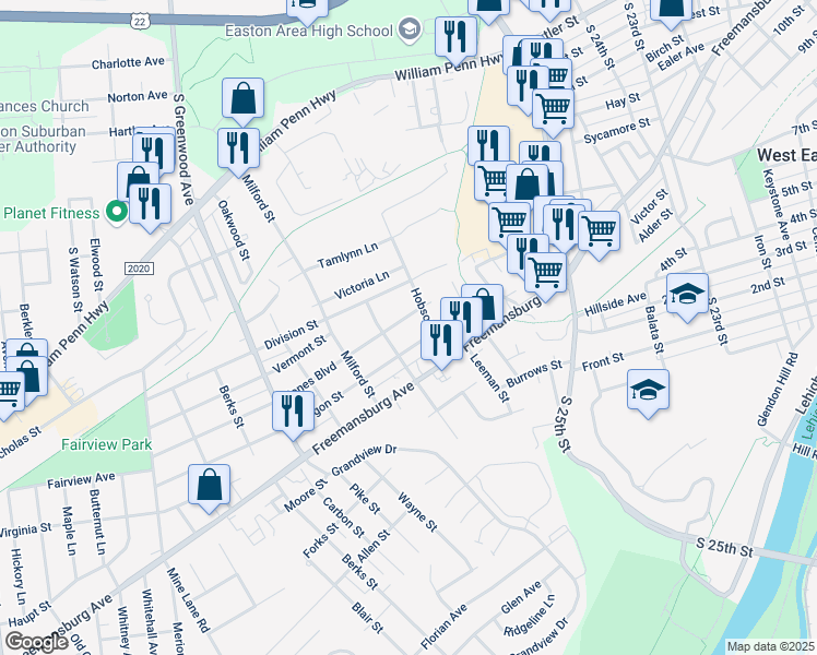 map of restaurants, bars, coffee shops, grocery stores, and more near 2700 Jones Boulevard in Easton