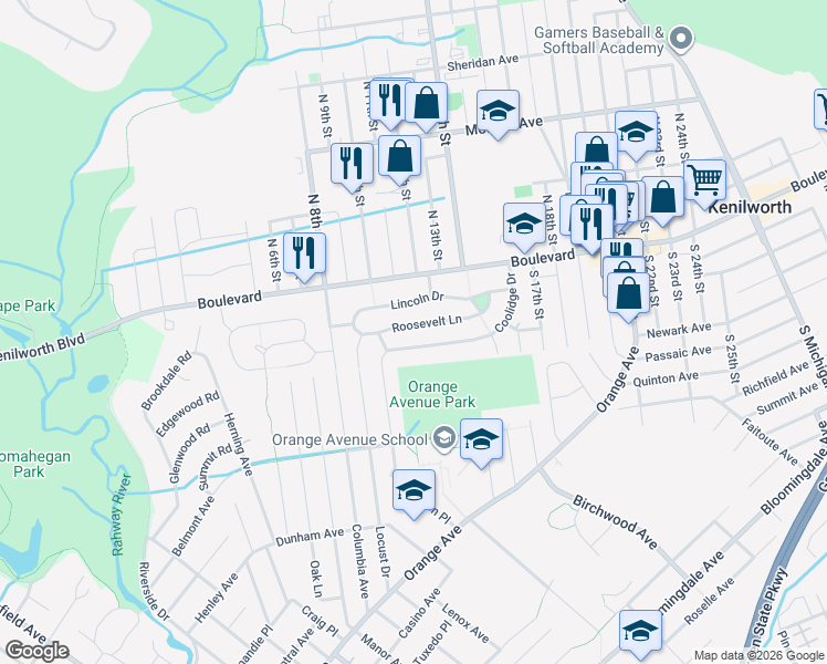 map of restaurants, bars, coffee shops, grocery stores, and more near 332 Roosevelt Lane in Kenilworth