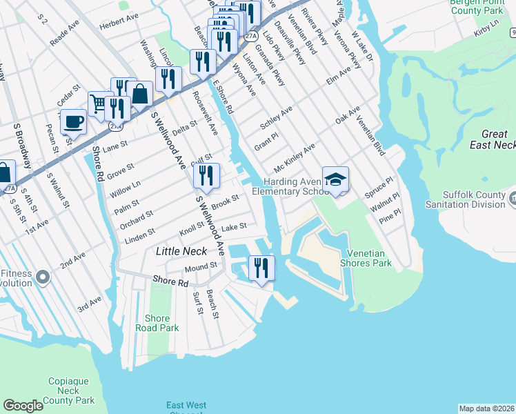 map of restaurants, bars, coffee shops, grocery stores, and more near 738 Shore Walk in Lindenhurst