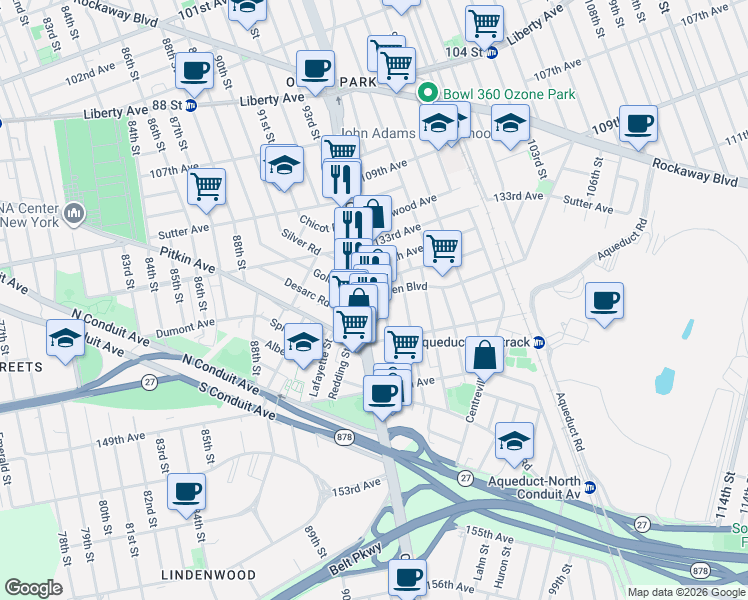 map of restaurants, bars, coffee shops, grocery stores, and more near 92-38 Silver Road in Queens