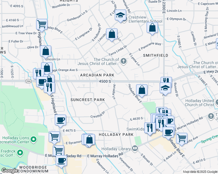 map of restaurants, bars, coffee shops, grocery stores, and more near 2052 East 4500 South in Holladay