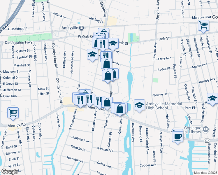 map of restaurants, bars, coffee shops, grocery stores, and more near 85 Broadway in Amityville