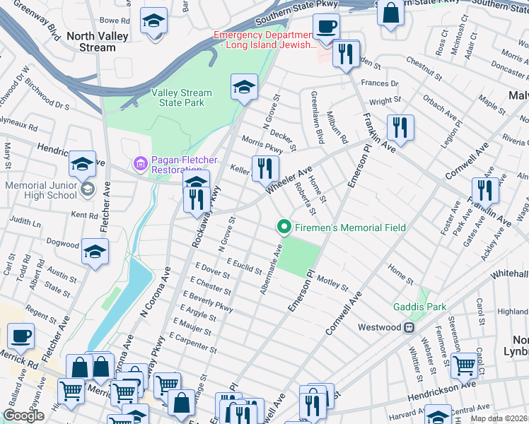 map of restaurants, bars, coffee shops, grocery stores, and more near 283 North Cottage Street in Valley Stream