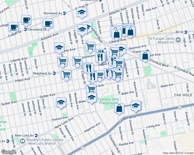 map of restaurants, bars, coffee shops, grocery stores, and more near 953 Belmont Avenue in Brooklyn