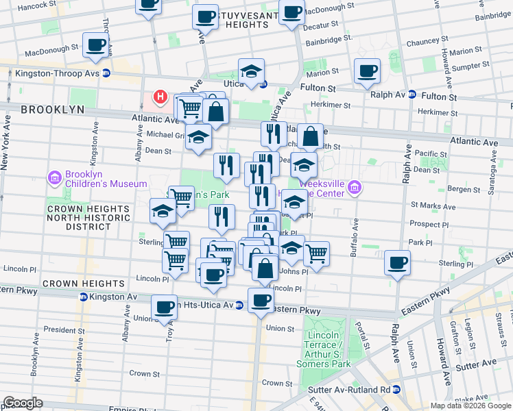 map of restaurants, bars, coffee shops, grocery stores, and more near 1152 Saint Marks Avenue in Brooklyn