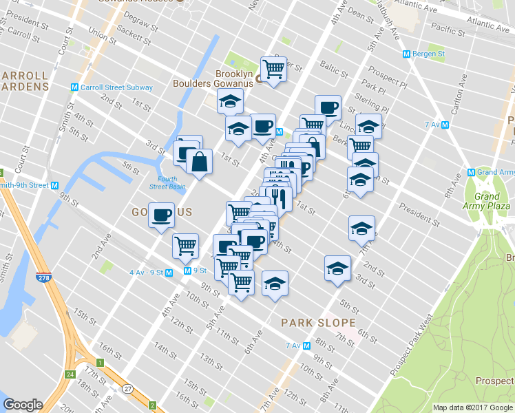 map of restaurants, bars, coffee shops, grocery stores, and more near 320 2nd Street in Brooklyn