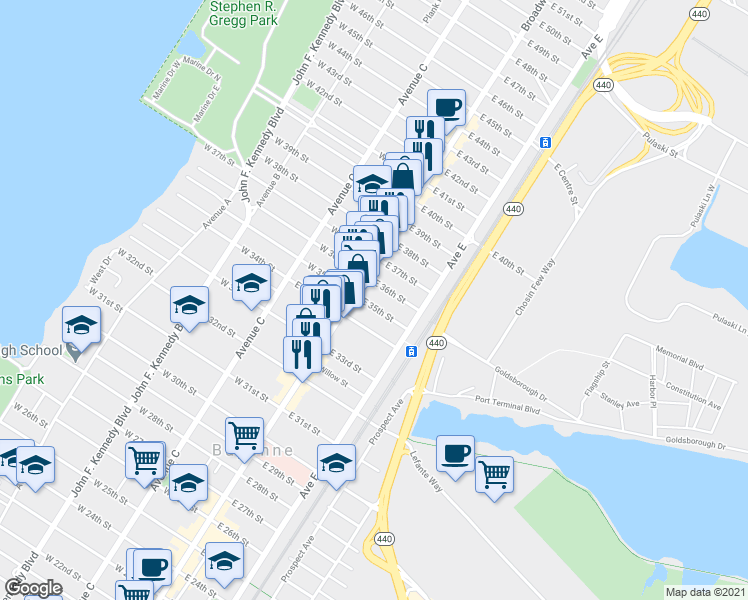map of restaurants, bars, coffee shops, grocery stores, and more near 12 East 36th Street in Bayonne