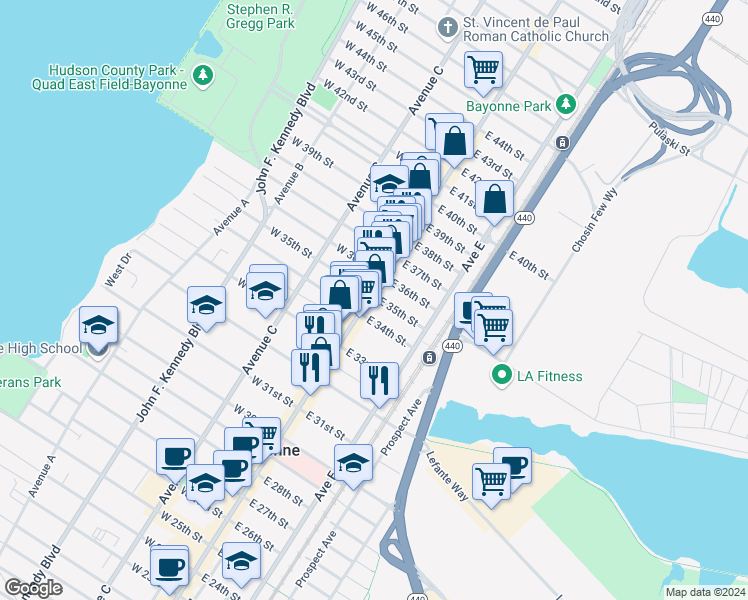 map of restaurants, bars, coffee shops, grocery stores, and more near 12 West 35th Street in Bayonne