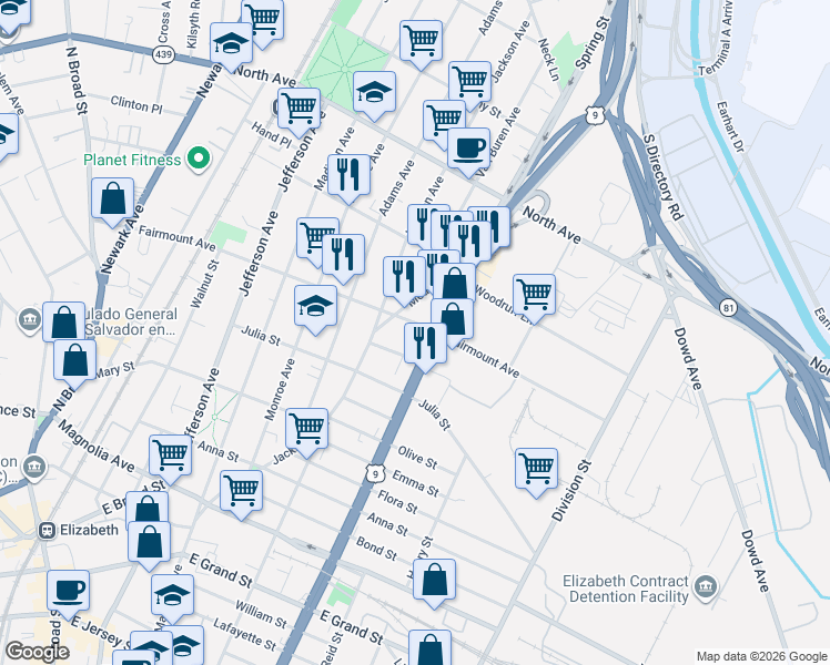 map of restaurants, bars, coffee shops, grocery stores, and more near 1009 Fairmount Avenue in Elizabeth