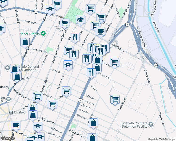 map of restaurants, bars, coffee shops, grocery stores, and more near 1009 Fairmount Avenue in Elizabeth