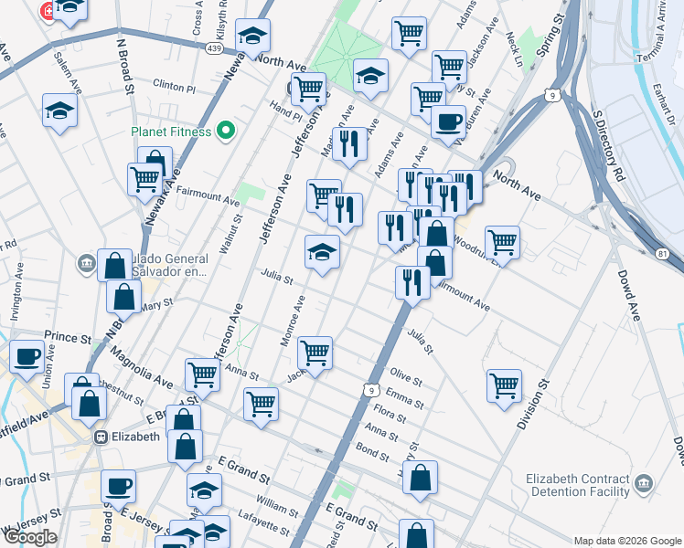 map of restaurants, bars, coffee shops, grocery stores, and more near 587 Adams Avenue in Elizabeth