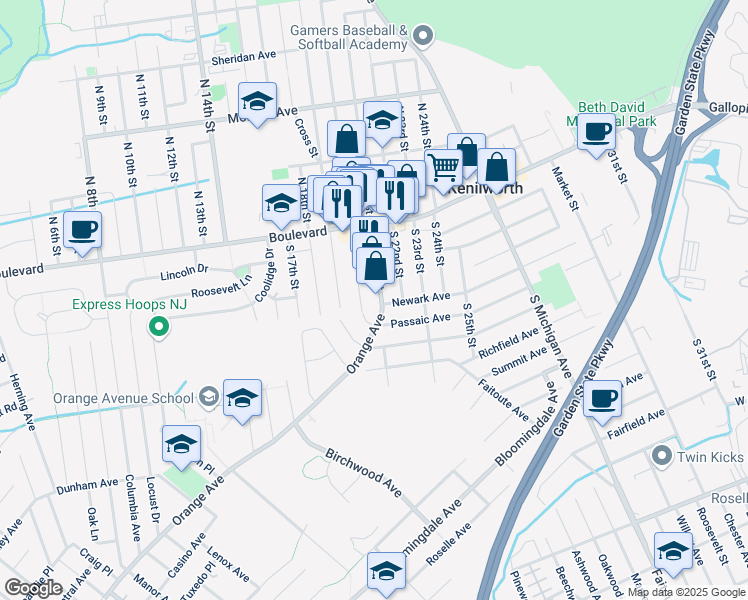 map of restaurants, bars, coffee shops, grocery stores, and more near 55 South 20th Street in Kenilworth