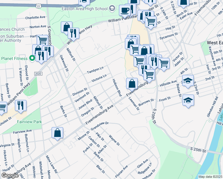 map of restaurants, bars, coffee shops, grocery stores, and more near 2700 Jones Boulevard in Easton
