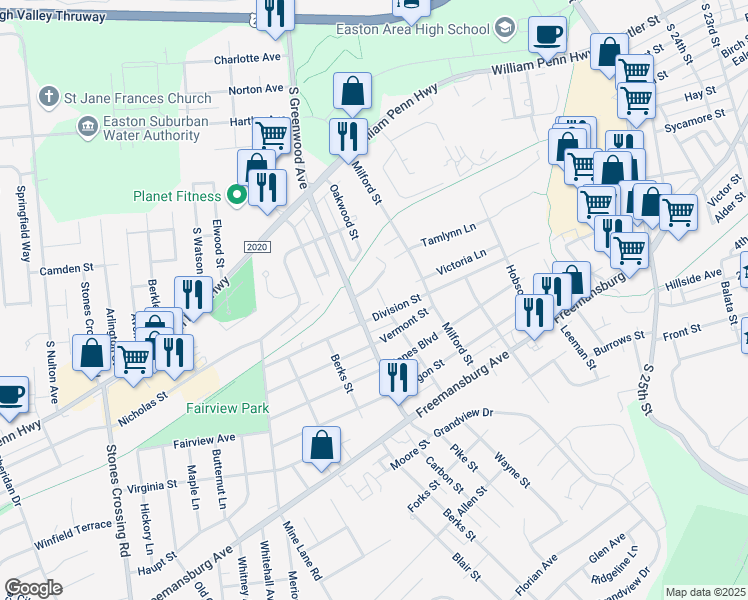map of restaurants, bars, coffee shops, grocery stores, and more near 695 Oakwood Street in Easton